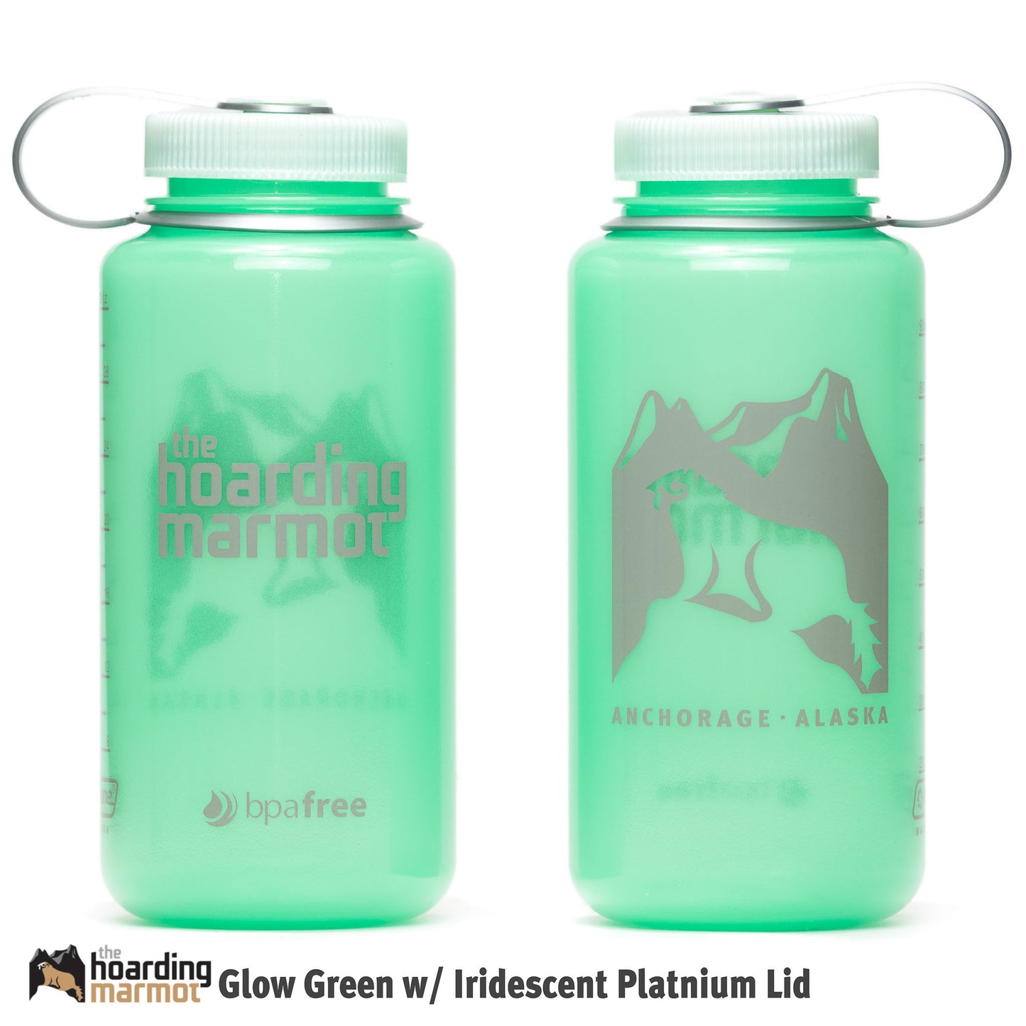 Nalgene Glow Green w/ Iridescent Platinum Lid 32oz WM Gray Ink